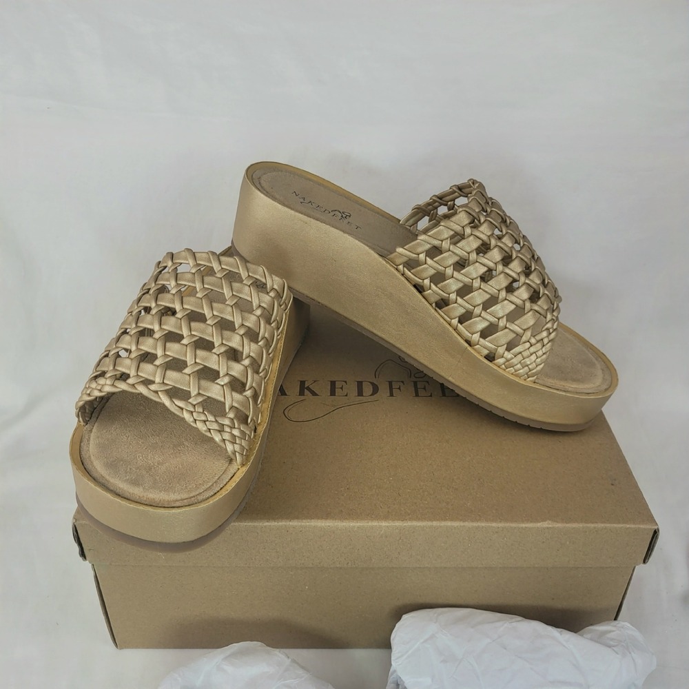 Naked Feet Cyprus Gold Woven Platform Wedge Sandals Womens 8 M080